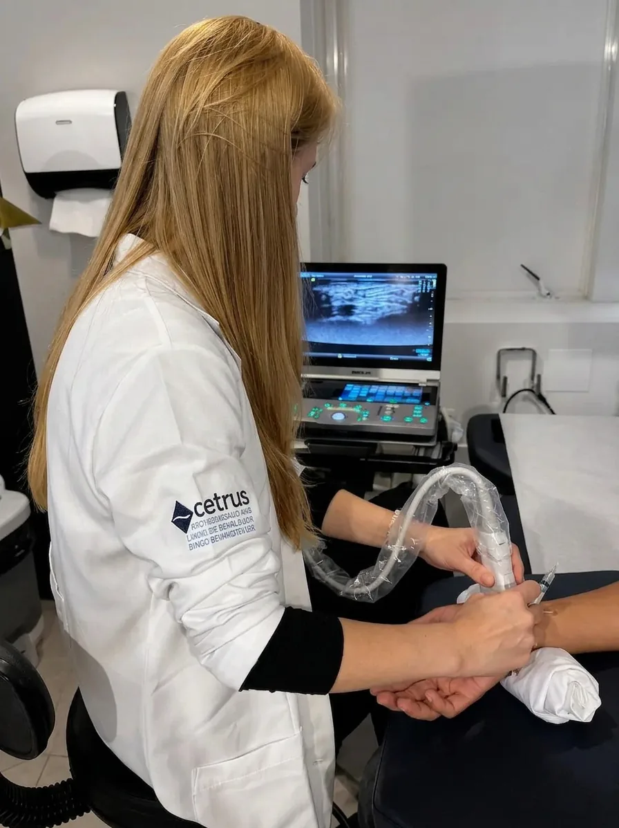 Dra. Giovana Koptian realizando infiltração articular guiada por ultrassom